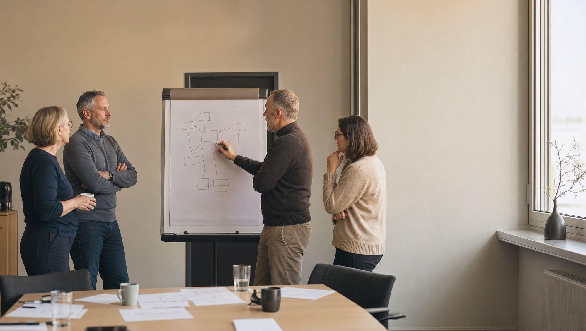 Führungskraft im Gespräch mit ihrem Team im Besprechungsraum