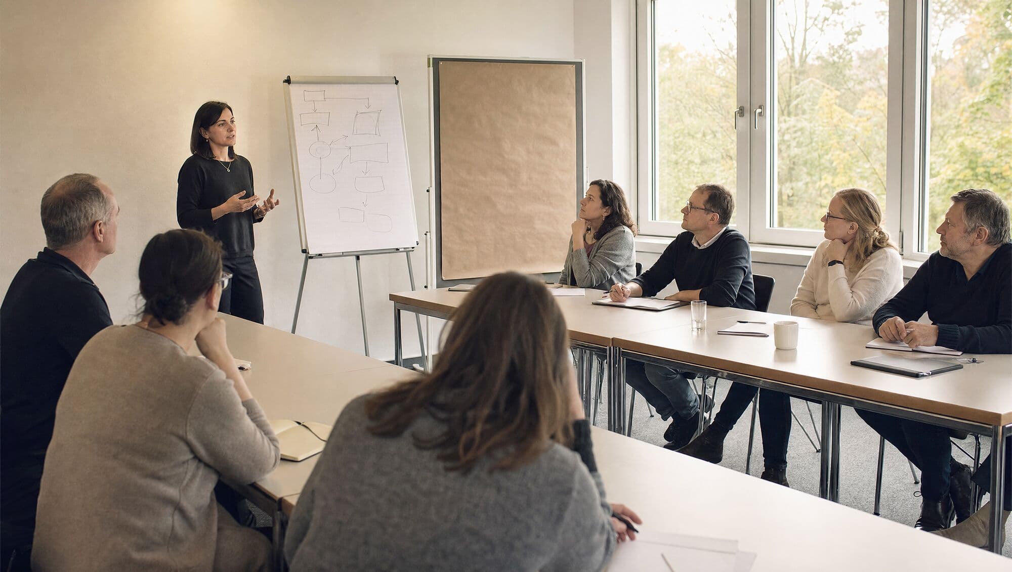 Seminargruppe in U-Form an Tischen, Trainerin am Flipchart