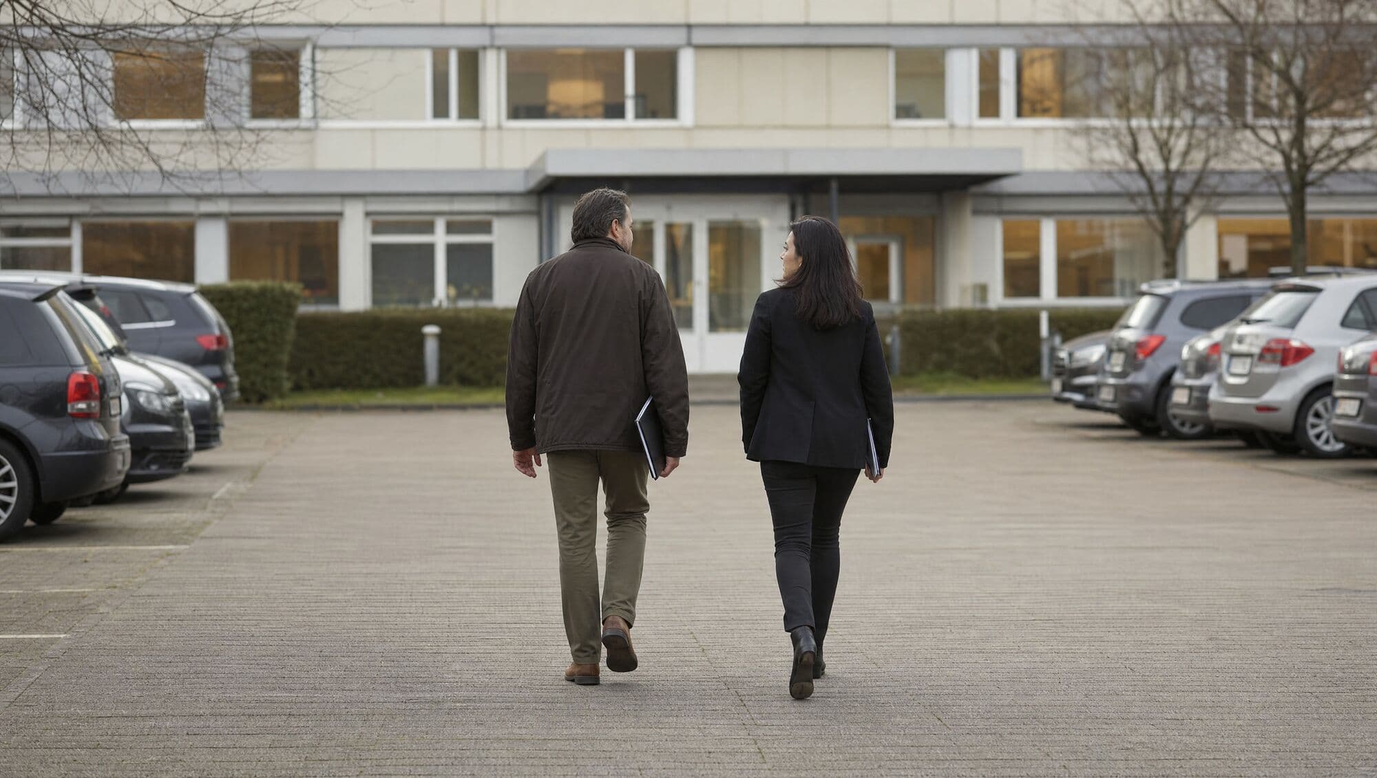 Zwei Personen mit Unterlagen gehen über einen Parkplatz auf ein Firmengebäude zu