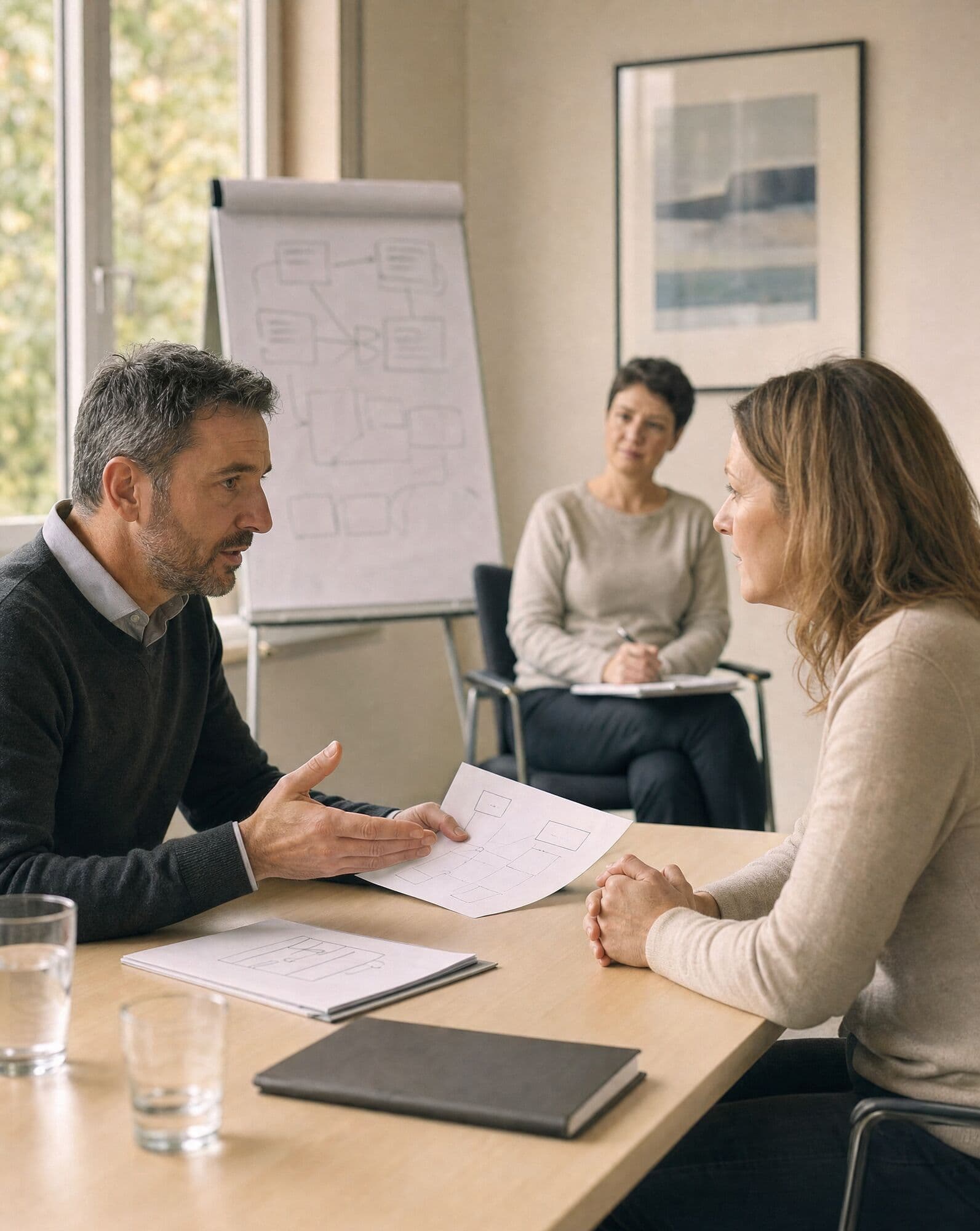 Verkaufsgespräch am Besprechungstisch, im Hintergrund ein Flipchart mit einer Gesprächsstruktur